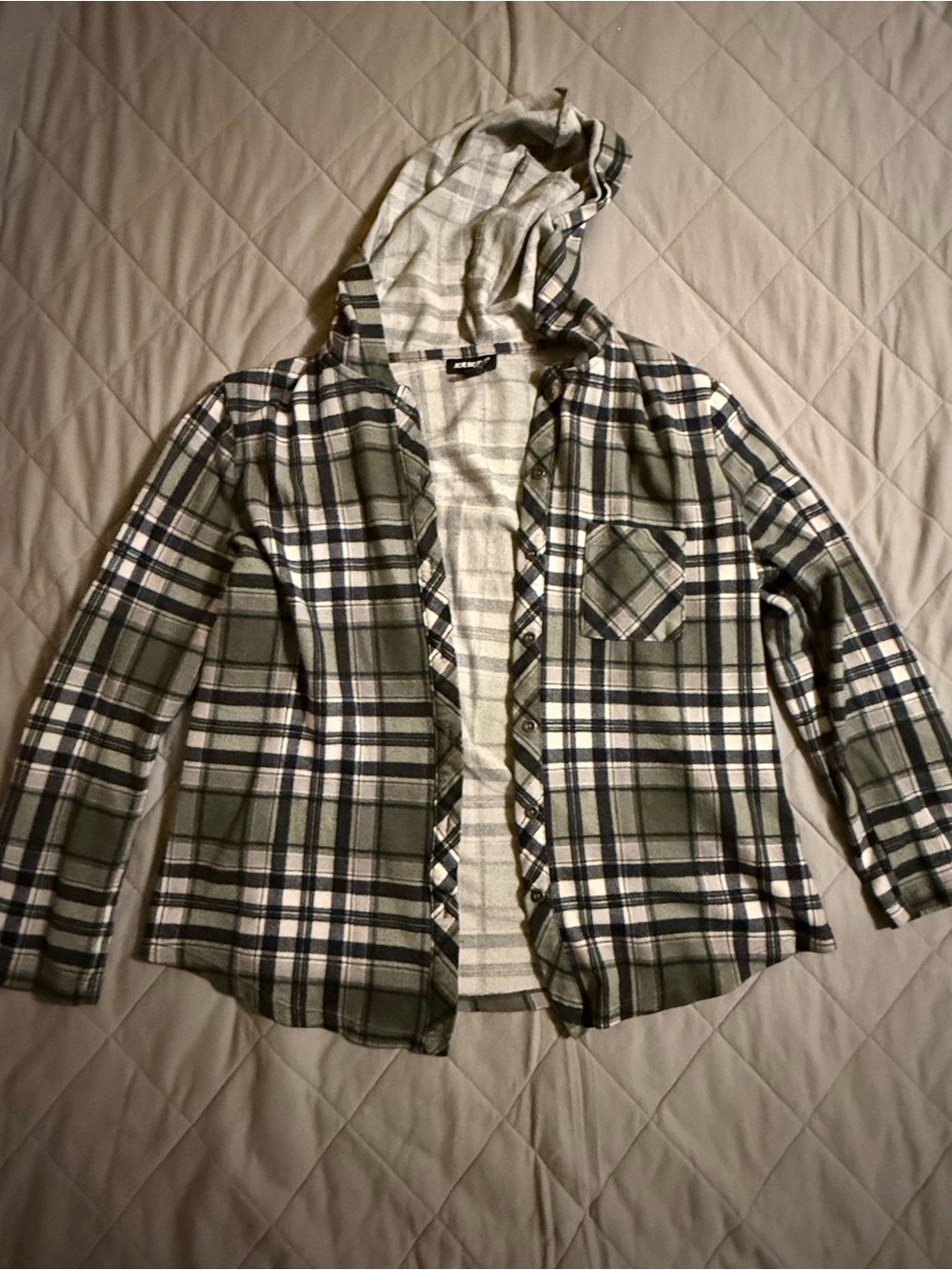 Joe Boxer Olive Green Black and White Plaid Hooded Button-Down Shirt